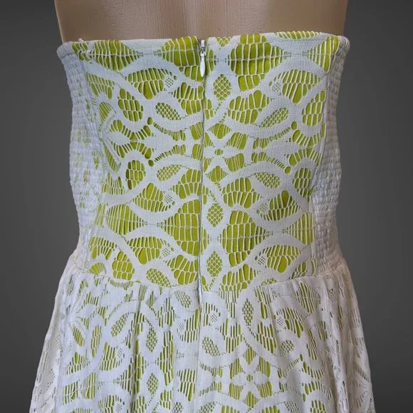 Guess Strapless Dress Size 14 Green White Knee Length Full Lace Stretch Lined - Picture 6 of 16